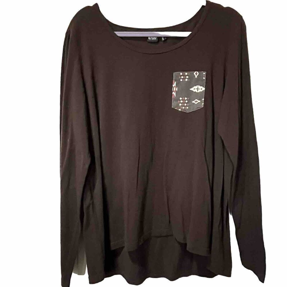 Cruel Girl Women's Long Sleeve Tee in Dark Brown with Patterned Pocket